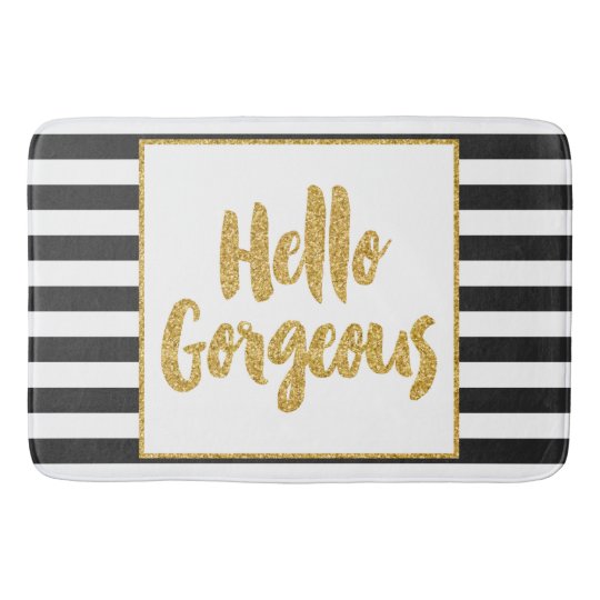 Hello Gorgeous Black & White Gold Glitter Stripes Bath Mat