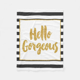 Hello Gorgeous Black & White Gold Glitter Stripes Fleece Blanket