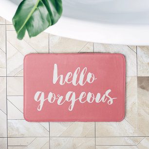 Hello Gorgeous   Coral Pink & White Typography Bath Mat