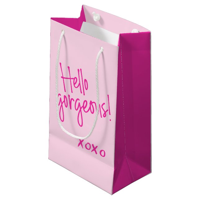 Hello Gorgeous! Cute Pink Handlettering XOXO  Small Gift Bag (Front Angled)