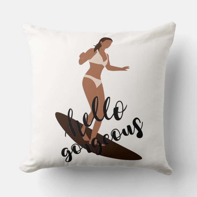 Hello Gorgeous Female Surfer Bikini Vector Throw Pillow (Front)