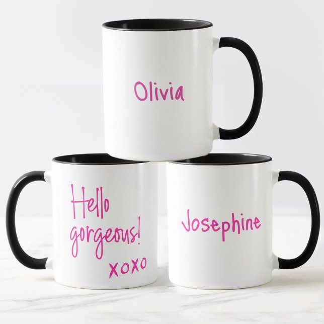Hello gorgeous Galentine's Day XOXO Personalized Mug (Personalized "Hello Gorgeous!" Mugs for your Galentine's day celebration.)