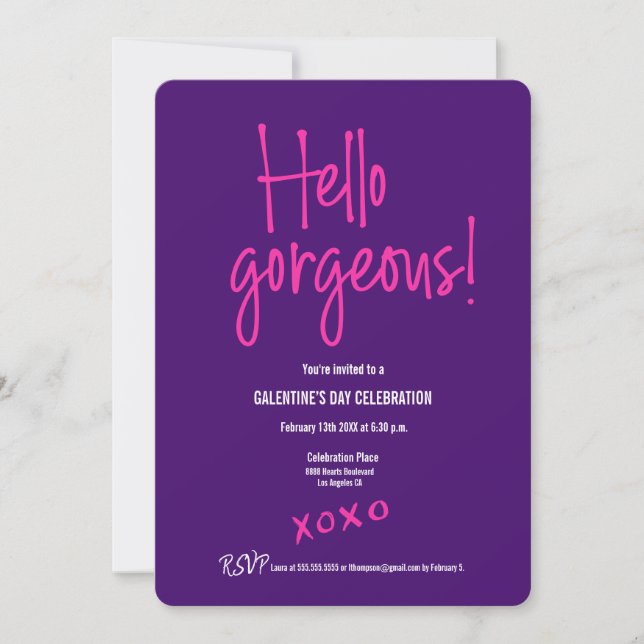 Hello gorgeous Galentine's Day XOXO Purple ladies Invitation (Front)