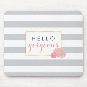 Hello Gorgeous Grey Stripe & Blush Peony Mouse Pad