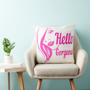 Hello Gorgeous Lovely Lady Face Drawing Typography Throw Pillow