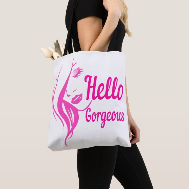 Hello Gorgeous Lovely Lady Face Drawing Typography Tote Bag (Close Up)