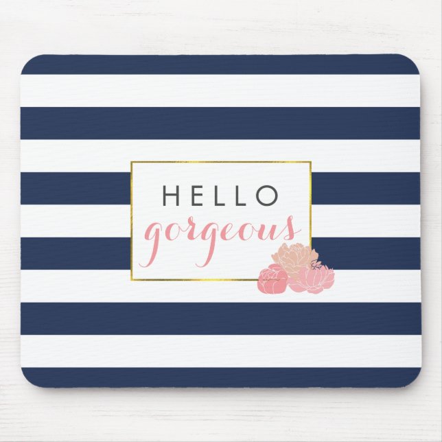 Hello Gorgeous | Navy Stripe & Blush Peony Mouse Pad (Front)