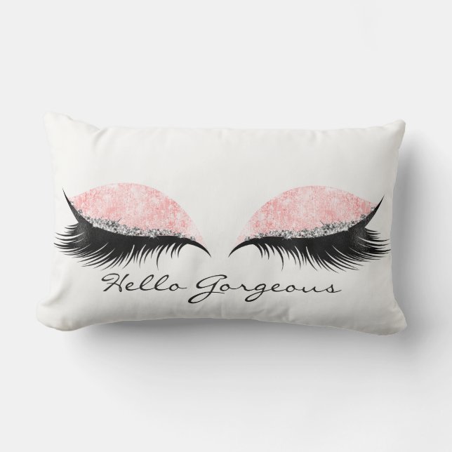 Hello Gorgeous Pink Rose Black Lashes Makeup Name Lumbar Pillow (Front)