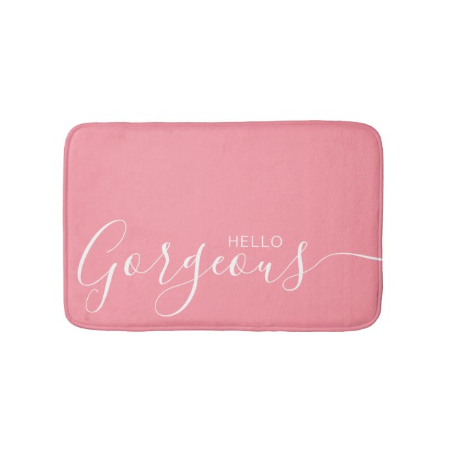 Hello Gorgeous Pink White Minimalist  Bath Mat (Front)