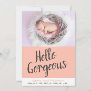 Hello Gorgeous Typography Photo Pink Baby Girl Announcement