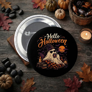 Hello Halloween Cute Ghost Drinking Coffee 2 Inch Round Button