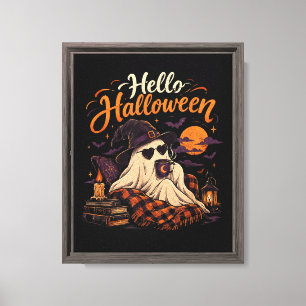 Hello Halloween Cute Ghost Drinking Coffee Canvas Print