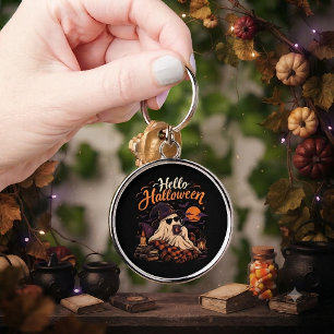 Hello Halloween Cute Ghost Drinking Coffee Keychain