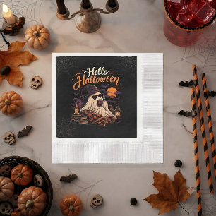 Hello Halloween Cute Ghost Drinking Coffee Napkin