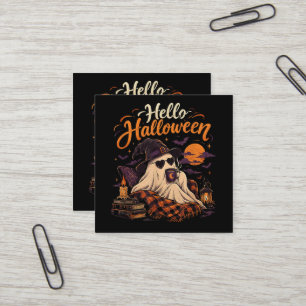 Hello Halloween Cute Ghost Drinking Coffee Square Business Card