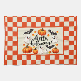 Hello Halloween Ghosts Bats Pumpkins Chequered Fle Kitchen Towel
