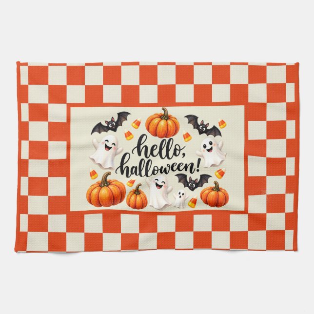 Hello Halloween Ghosts Bats Pumpkins Chequered Fle Kitchen Towel (Horizontal)
