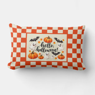 Hello Halloween Ghosts Bats Pumpkins Chequered Fle Lumbar Pillow