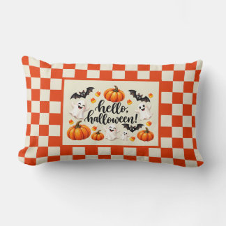 Hello Halloween Ghosts Bats Pumpkins Chequered Fle Lumbar Pillow