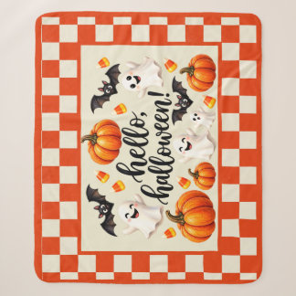 Hello Halloween Ghosts Bats Pumpkins Chequered Fle Sherpa Blanket