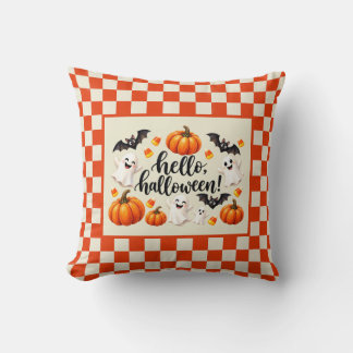 Hello Halloween Ghosts Bats Pumpkins Chequered Fle Throw Pillow