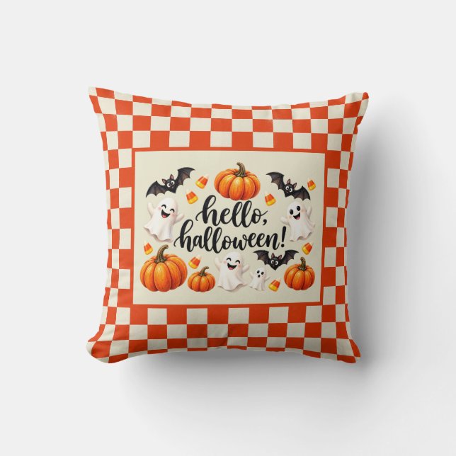 Hello Halloween Ghosts Bats Pumpkins Chequered Fle Throw Pillow (Front)