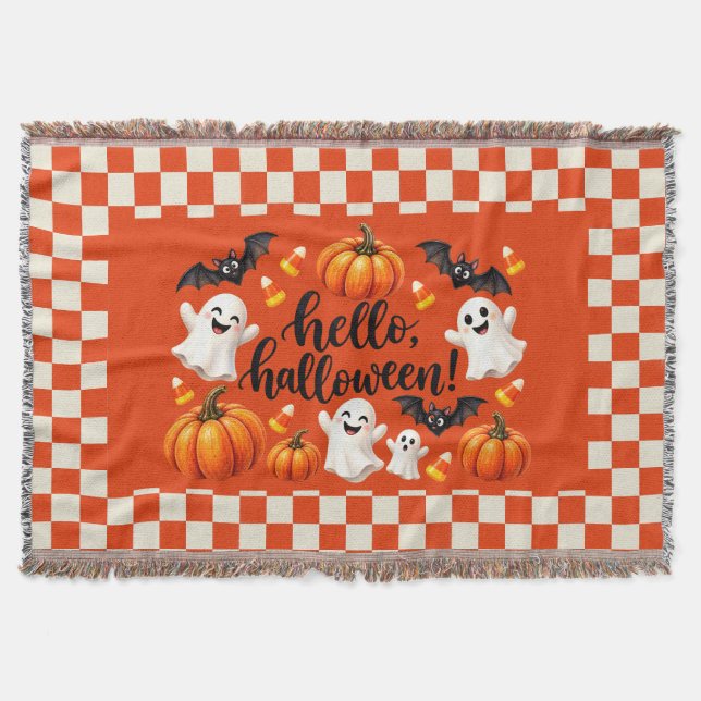 Hello Halloween Ghosts & Pumpkins Chequered Throw  Blanket (Front)