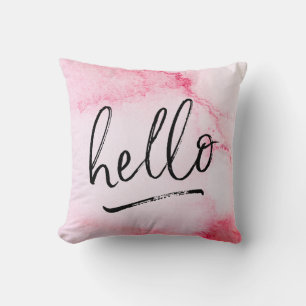 hello hand-lettered pink watercolour pillow