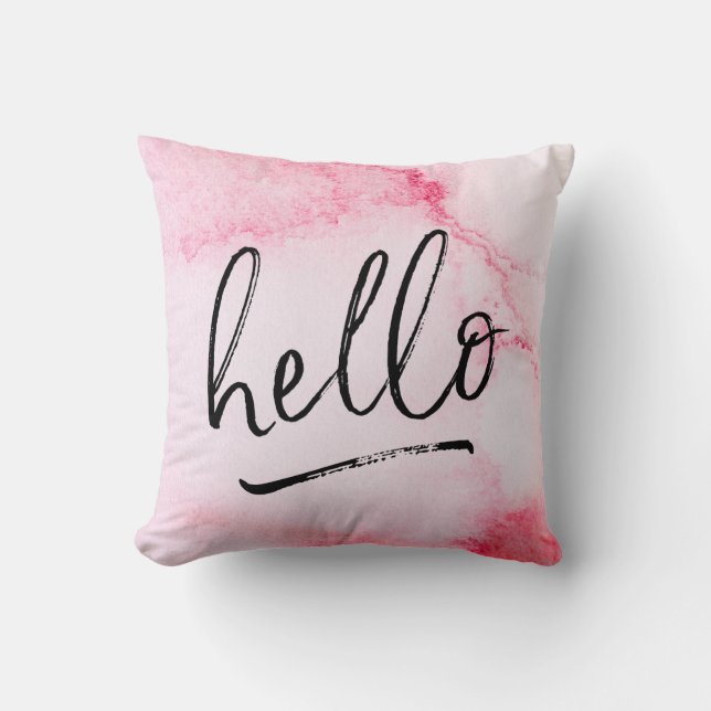 hello hand-lettered pink watercolour pillow (Front)