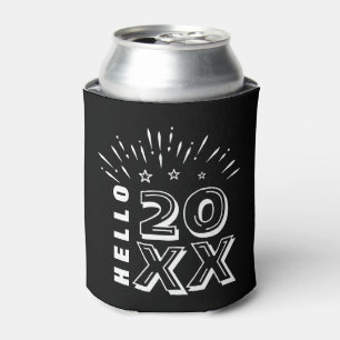 Hello Happy New Year Fireworks Black White Stars Can Cooler