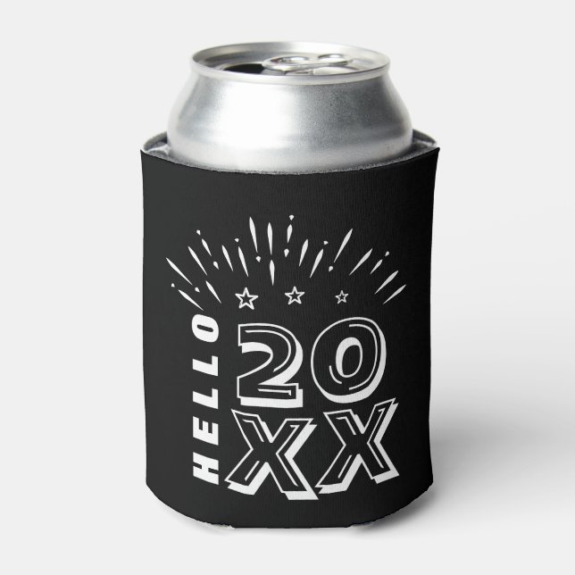 Hello Happy New Year Fireworks Black White Stars Can Cooler (Can Front)