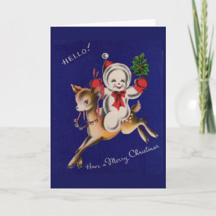 Hello! Have a Merry Christmas snowman on reindeer Holiday Card