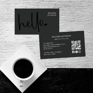 Hello Heart Deep Black Script QR Code Social Media Business Card