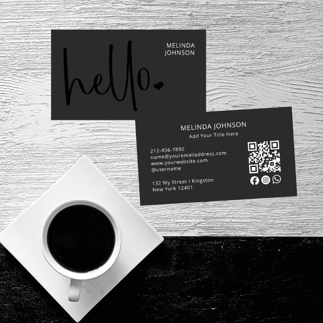 Hello Heart Deep Black Script QR Code Social Media Business Card (Creator Uploaded)