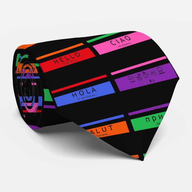 Hello Hola Salut Green Red Blue Purple Mens Tie (Rolled)