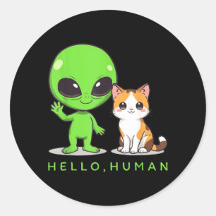 Hello Human Green Alien Cat Cute ET Galaxy Space Classic Round Sticker