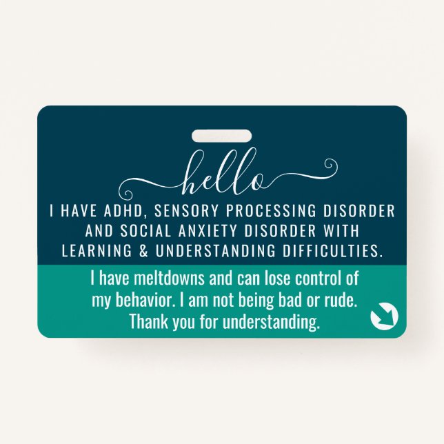 hello i have TOURETTE SYNDROME disability id Badge (Front)