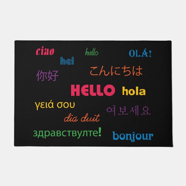 Hello in Many Languages Colourful Pink Blue Doormat (Front)