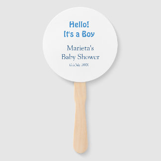 Hello ITS A BOY BABY SHOWER BLUE NAME DATE SIMPLE Hand Fan