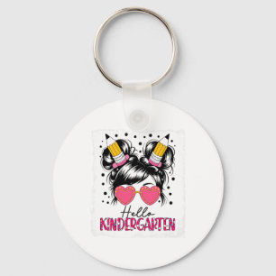 Hello Kindergarten Messy Bun Girls Back To School  Keychain