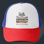Hello Kindergarten Personalized Back To School Trucker Hat<br><div class="desc">Hello Kindergarten Personalized Name Back To School Pencil First Day Of School Announcement</div>