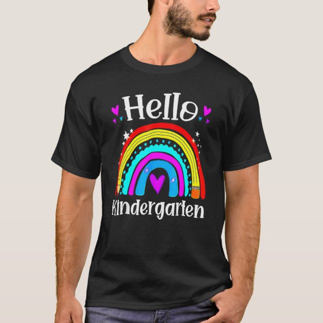 Hello Kindergarten Teacher Rainbow Kinder Back To  T-Shirt (Front)