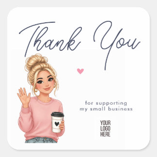 Hello Lady Round Thank You Sticker | Cute Woman 