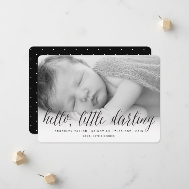 Hello Little Darling Gender Neutral Photo Birth Announcement (Front/Back In Situ)