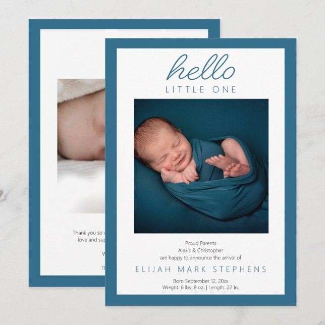 Hello Little One - 2 Photo Baby Boy Blue Birth Announcement (Front/Back)