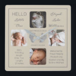 Hello Little One Baby Four Photo Square Wall Clock<br><div class="desc">Create a keepsake you can cherish for a lifetime with this "Hello Little One" four photo design featuring your baby's name, birth statistics, parents and siblings' names. In the centre are two template lines for your personal message or you can use ours. This messaging is on top and bottom of...</div>