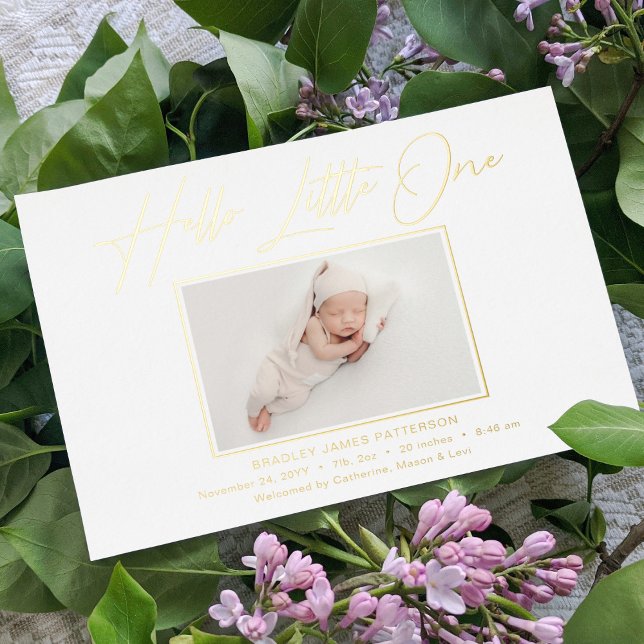 Hello Little One Elegant Script Photo Birth Foil Holiday Card (Creator Uploaded)
