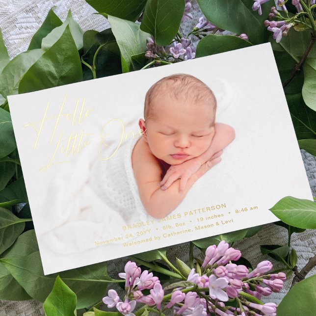 Hello Little One Elegant Script Photo Birth Foil Holiday Card (Creator Uploaded)