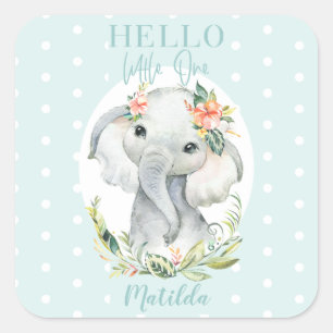 Hello little one elephant baby shower square sticker