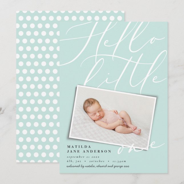 Hello little one modern 1 photo aqua cute announcement (Front/Back)